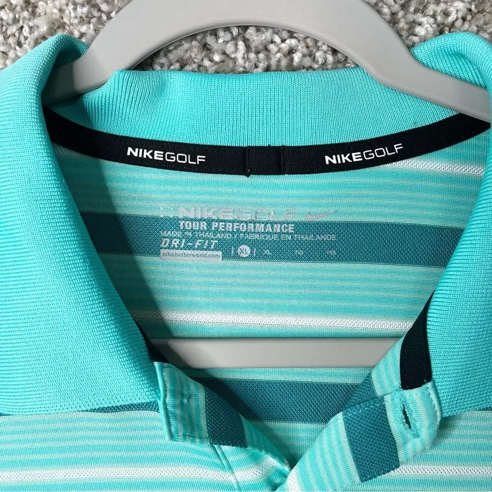 Nike Polo Shirt Men’s XL Golf Dri-Fit Tour Performance Teal Striped Short Sleeve